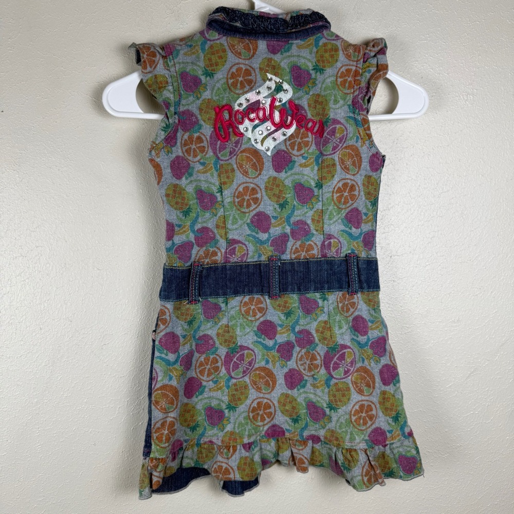 Rocawear Girls Denim Dress Blue Fruit Print Back Rhinestone Zip Front Size M 5 - Picture 6 of 10